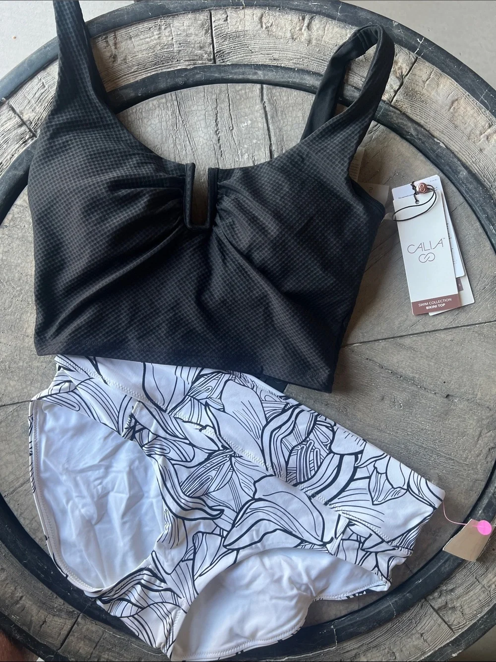 Calla Swim Black Crop Bikini Top & White Black Floral Bottoms